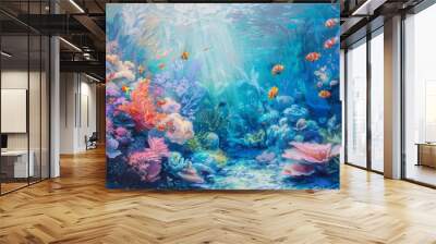 Underwater ocean scene with cute fish and corals illustration, oil art pastel. Wall mural