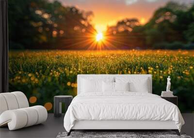 Abstract soft focus sunset field landscape of yellow flowers and grass meadow warm golden hour sunset sunrise time. Wall mural