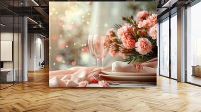 Chic Mother's day table concept. Top view flat lay of plates, cutlery, vase, tulips, gift box, and decorative hearts on pastel pink background. Wall mural