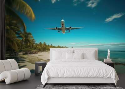 Concept of airplane travel to exotic destination with shadow of commercial airplane flying above beautiful tropical beach. Wall mural