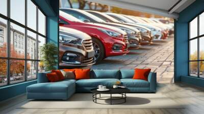 Row of Modern Cars Parked in a Parking Lot Wall mural