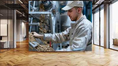 staff Quality Inspector at animal feed, check Hardness of food pellets Exit the pellet machine. Wall mural