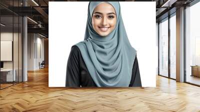 A Muslim woman in a hijab smiles warmly, reflecting professionalism and friendliness in customer service, white background Wall mural