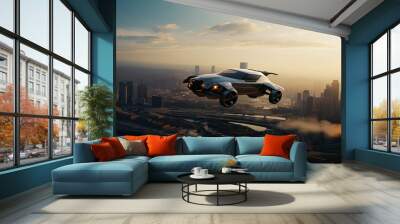 Advertising style concept sci-fi vehicle flying with the city as background - GENERATIVE AI. Wall mural