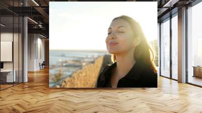 Beautiful young woman with closed eyes breathing with wind on her face relaxing enjoying sun at sunset. Beauty sunshine girl side profile portrait. Positive emotion life success mind peace concept. Wall mural