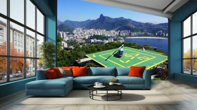 Helipad on Urca Hill with Rio de Janeiro cityscape and Corcovado mountain on the background, Rio de Janeiro, Brazil Wall mural