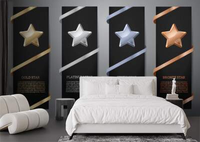 Metalic star and ribbon on black card, Gold, Platinum, Silver, Bronze, Vector illustration. Wall mural