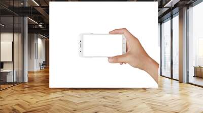 Hand holding mobile smartphone with white screen. Mobile photography concept. Isolated on white. Wall mural