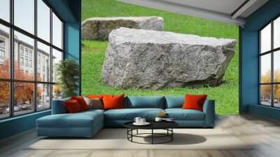 Rock seat on green grass garden. Natural stone chair in park. Wall mural