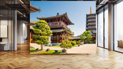 Detail view of the traditional Chinese architecture in Baoshan temple, an antique Buddhism temple in Shanghai, China. Wall mural