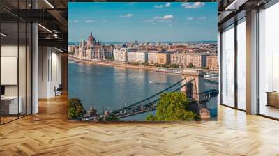 The panorama view of the skyline in Budapest, Hungary, with Széchenyi Lánchíd over the Danube, and  the parliament building in Hungary. Wall mural