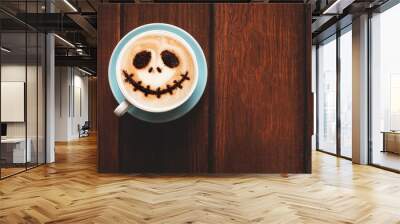 Cup of coffee with scary Jack's face. Halloween background. Halloween party.  Wall mural