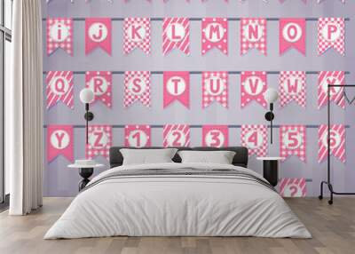 Set of cartoon flag garlands with alphabet: letters and numbers. Wall mural