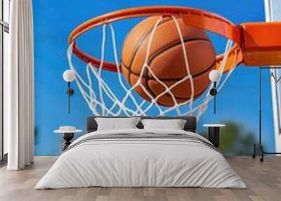 A basketball gracefully passes through the hoop, with a clear blue sky and a basketball court visible in the background Wall mural