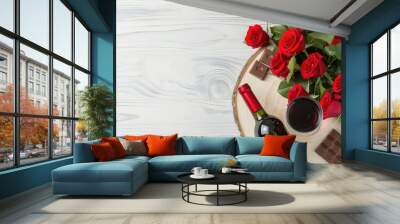 a bouquet of vibrant red roses, a bottle of wine, and heart-shaped chocolates arranged tastefully on a wooden backdrop. Wall mural