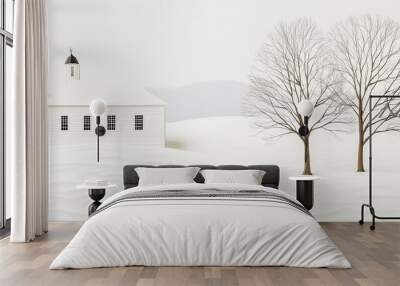 A contemporary white paper model of a farmhouse is complemented by two trees, highlighting a minimalistic and hyper-realistic aesthetic in a serene, neutral environment Wall mural