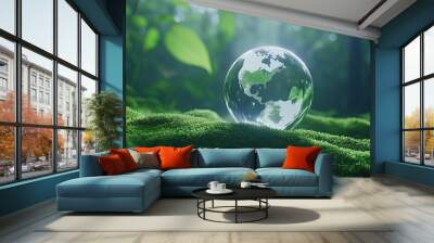 A glass globe rests on vibrant moss in a tranquil forest, symbolizing Earth Day and emphasizing the importance of protecting our planet from global warming Wall mural