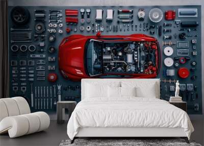 A red car is disassembled with all of the parts spread out on a grey floor Wall mural