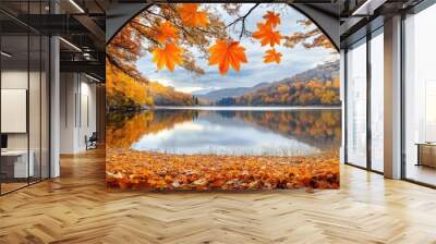 A stunning autumn landscape unfolds outside the tent with vibrant orange trees, a serene lake, and majestic mountains in the backdrop Wall mural