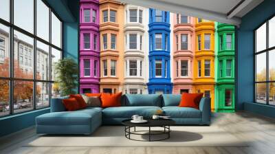 A vibrant row of Victorian townhouses showcases a mix of red, brown, and blue facades against a bright blue sky, highlighting unique architectural details. Wall mural