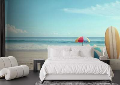 Four beach chairs and two umbrellas sit on a sandy beach with the ocean in the background. Wall mural