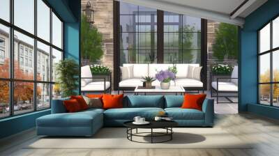 Modern patio set with white cushions and black frames on stone patio in front of large window. Includes sofa, 2 armchairs, coffee table, vase of purple flowers, and small plant Wall mural