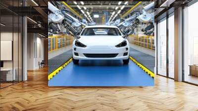 Robotic arms assemble white cars on a modern production line, surrounded by a clean, light blue aesthetic showcasing advanced manufacturing technology Wall mural