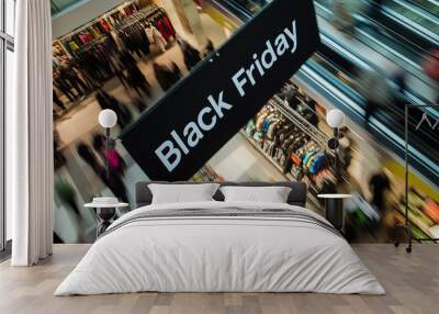 A dynamic Black Friday banner overlooks a bustling shopping mall as shoppers eagerly explore discounts and deals. Highlighting the excitement and energy of this major retail event. Wall mural