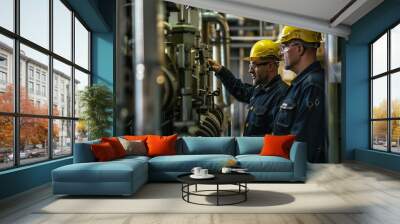 Two engineers wearing safety helmets work on high-tech machinery in a nuclear plant. Industrial environment with advanced technology. Wall mural