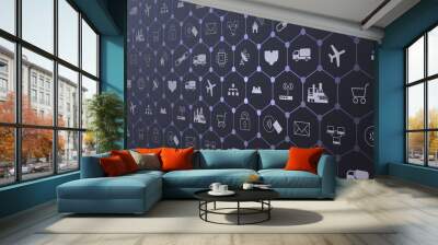 	 Internet of things (IoT) and networking concept for connected devices. Spider web of network connections with on a futuristic blue background EPS10 Wall mural