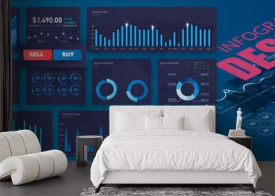  modern infographic vector template with statistics graphs and finance charts. Diagram template and chart graph, graphic information visualization illustration. Pie charts, workflow, web design, UI. Wall mural