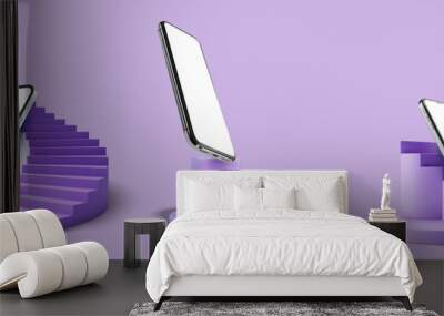 3D illustration of modern smartphones displayed on abstract purple podiums and stairs. Showcases cutting-edge mobile technology, sleek design, and a futuristic aesthetic, perfect for advertising Wall mural