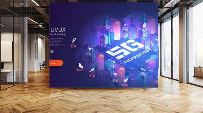 5G network technology, isometric concept. Smart city, tall buildings with 5G symbol wireless internet. Wireless technology isometric composition with city block tall buildings images round icons. Wall mural