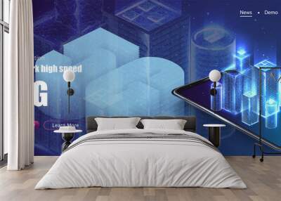 5G new wireless internet wifi connection. Smart city or intelligent building isometric vector concept. Building automation with computer networking illustration. low poly wireframe Wall mural