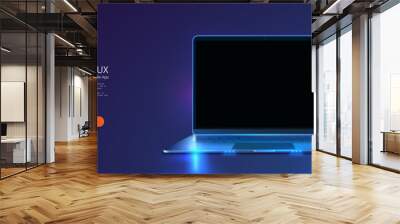 A portable neon computer with a blank screen and a desk in a dark room with blue lighting. Technological background with a laptop. Vector illustration Wall mural