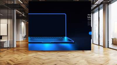 A portable neon computer with a blank screen and a desk in a dark room with blue lighting. Technological background with a laptop. Vector illustration Wall mural