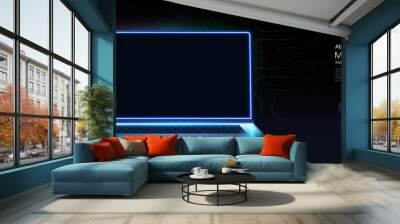 A portable neon computer with a blank screen and a desk in a dark room with blue lighting. Technological background with a laptop. Vector illustration Wall mural