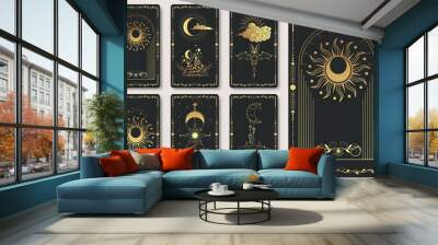 A set of alchemical esoteric mystical magic templates for tarot cards, banners, leaflets, posters,brochures, stickers. Esoteric linear engravings with astrological symbols. Cards with esoteric symbols Wall mural