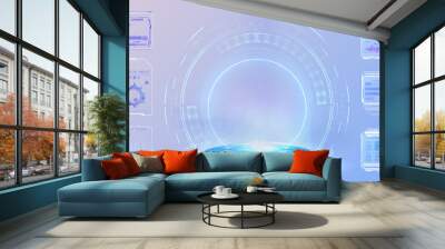 Abstract blue light effect background. Futuristic lab with 3D circle and HUD elements interface. Blank Hologram for show your product. Circle technology portal. Vector illustration Wall mural