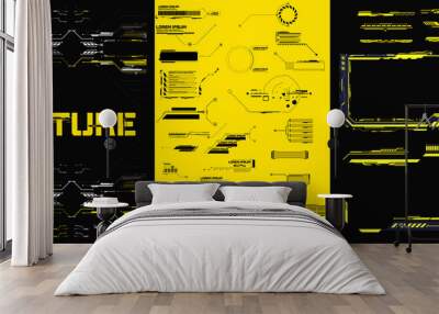 Abstract digital technology UI, UX Futuristic HUD, FUI, Virtual Interface. Callouts titles and frame in Sci- Fi style. Bar labels, info call box bars. Futuristic info boxes layout templates. Wall mural