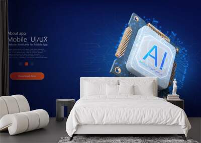 AI Processor Chipset Concept Illustration on Blue Circuit Background. AI processor chip with a futuristic blue circuit design, showcasing high-tech computing power and artificial intelligence. Vector Wall mural