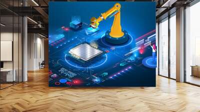 An engineer checks and controls the automation of robotic machine in an intelligent industrial plant. An automated wireless robotic arm in a smart factory assembles a microchip, cpu, new technologies Wall mural