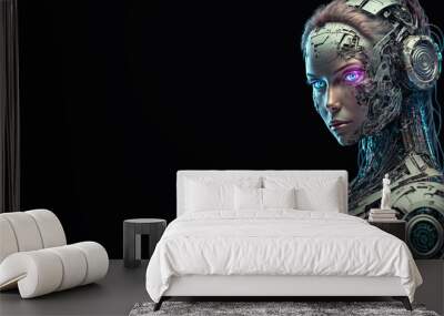 Artificial intelligence, a humanoid cyber girl with a neural network thinks. Artificial intelligence with a digital brain is learning to process big data. AI Wall mural