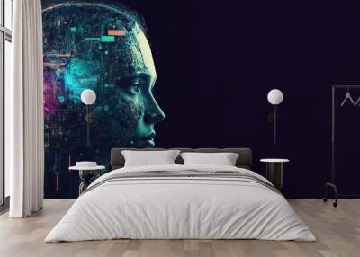 Artificial intelligence, a humanoid cyber girl with a neural network thinks. Artificial intelligence with a digital brain is learning to process big data. AI Wall mural