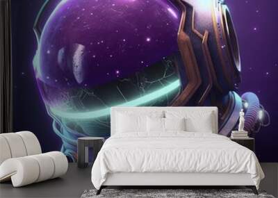 Astronaut helmet floating in space on purple background AI Wall mural