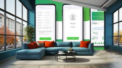 Banking App UI, UX Kit for responsive mobile app or website with different GUI layout including Login, Create Account, Profile, Transaction and Notification screens. Vector illustration Wall mural