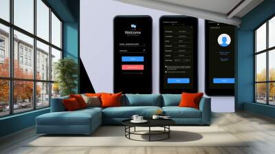 Black theme design of mobile application user interface screen . Mobile ui kit with welcome window, registration, home page, concept chat messenger . Vector set of modern UI, UX, GUI screens and icons Wall mural