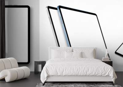 Blank screen realistic tablet frame, rotated position, side view, top view. The tablet is at different angles. Layout of a universal set of devices. UI, UX Template for infographics or presentation. Wall mural