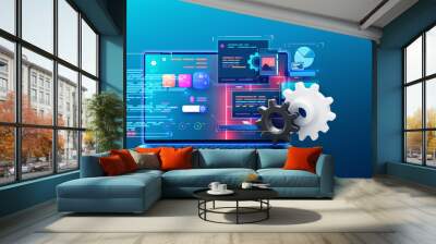 Concept of Information technologies and computer engineering. Creation digital Software mobile, desktop platforms. Software developer programming code. Neon laptop with futuristic code on the screen. Wall mural