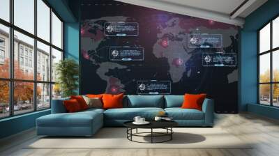 Coronavirus text outbreak with the world map in style HUD.  Circle element cyber futuristic concept. Virus danger, infected places on earth. Red lesions of coronavirus. World pandemic 2020. Vector Wall mural